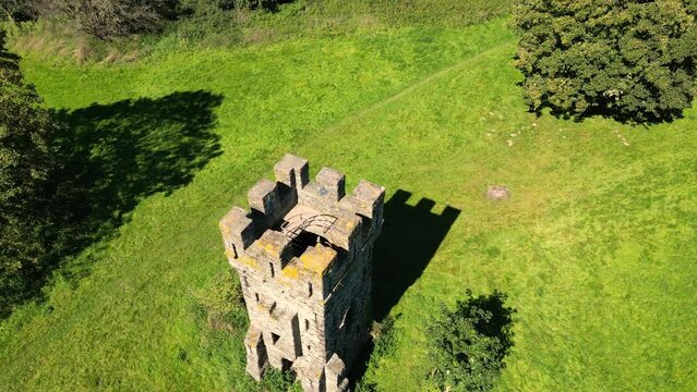 Lembeek, Halle, Belgium, september 4th, 2023, Aerial view of the tower of Malakoff Domain in commune Halle imitates medieval architecture. High quality photo