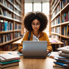 Student girl in the library studying on a laptop