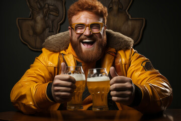 Comic portrait of fat redhead bearded man in yellow superhero costume wearing glasses with two glasses of beer. Funny smiling dude portrays the mighty Superman and gives a thumbs up. Black background.