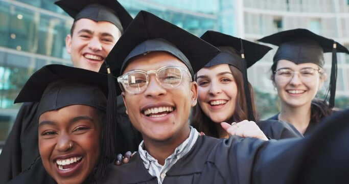 Selfie, graduation and funny with students, achievement and college with humor, expression and knowledge. Face, people or group with robes, ceremony or education with profile picture, silly or post