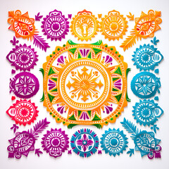 colorful square design of Rangoli on white background 