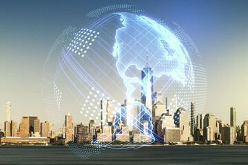 Virtual digital map of North America on New York city skyline background, international trading concept. Multiexposure