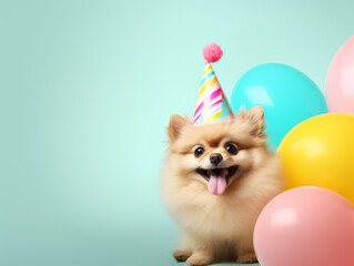 Fototapeta na wymiar Cute funny dog in birthday cap isolated on colorful background. Greetings card pattern
