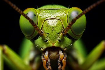 Close-up shot of green grasshopper, praying mantis, insect.