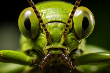 Close-up shot of green grasshopper, praying mantis, insect.