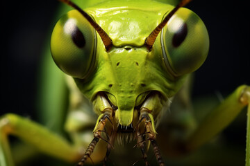 Close-up shot of green grasshopper, praying mantis, insect.
