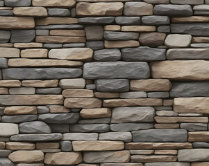 The stone wall is made of natural gray, brown and white stone slabs stacked in a striped pattern.