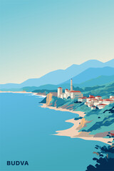 Obraz premium Montenegro Budva town skyline poster with abstract shapes of landmarks, hills and coastline. Vintage travel Adriatic Sea village with cityscape vector illustration