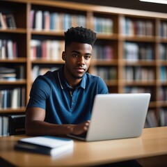 Student guy in the library studying on a laptop