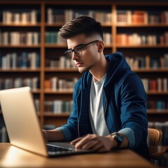 Fototapeta premium Student guy in the library studying on a laptop