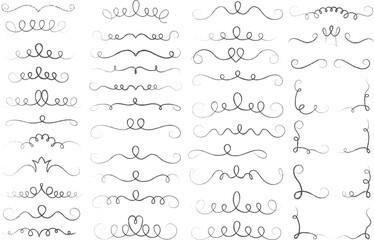 Underlines set with swishes swooshes and curly strokes. Swash hand drawn dividers. Squiggle calligraphy elements. Vector swirl doodle with hearts and crowns. - obrazy, fototapety, plakaty