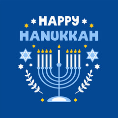 Hanukkah flat vector illustration isolated on a blue background. Traditional jewish holiday greeting card design with happy hanukkah congratulation