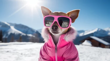 Foto op Canvas A happy, active, small, cheerful dog in a pink jacket and glasses runs through the snow overlooking a snowy landscape of a forest and mountains, at a ski resort. © ALA