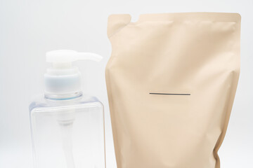 Plastic packaging for refill pouch and Plastic pump bottle in isolated background. Zero waste....