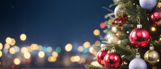 Obraz na płótnie Canvas Festive Christmas Tree, Adorned with Baubles and Glistening Lights