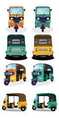 Set of yellow and Green auto-rickshaw illustrations in India. with rickshaw paint on it. front view of tuk-tuk.