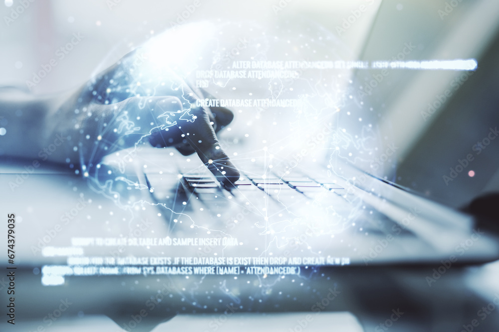 Poster double exposure of abstract creative programming illustration with world map and hand typing on lapt
