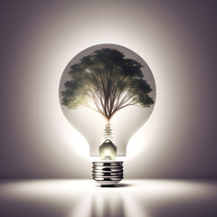 Representation of green energy with tree growing within a LED light bulb to combat global warming.  Generative AI