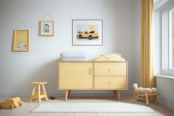 living room interiorStylish yellow matte scandinavian newborn baby room with two brown wooden mock up poster frame and toys. 