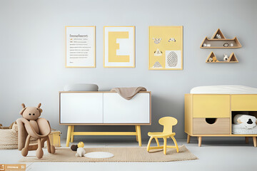Stylish yellow matte scandinavian newborn baby room with two brown wooden mock up poster frame and toys. 