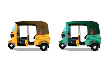 Set of yellow and Green auto-rickshaw illustrations in India. with rickshaw paint on it. Side view of tuk-tuk.