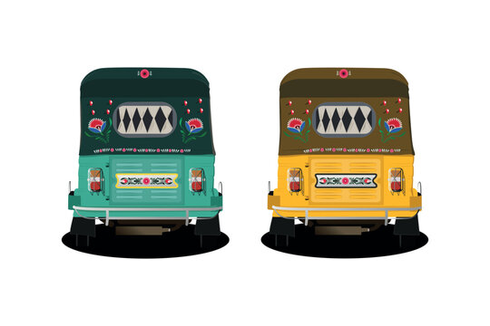 Set of yellow and Green auto-rickshaw illustrations in India. with rickshaw paint on it. front view of tuk-tuk.
