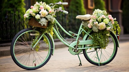 Fototapeta na wymiar decorated bicycle with flowers on road generated by AI tool 