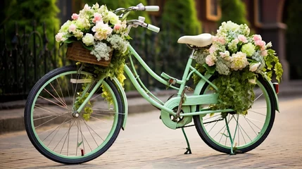 Photo sur Plexiglas Vélo decorated bicycle with flowers on road generated by AI tool 
