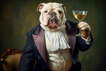 illustration of royal person bulldog sitting with glass of wine at the table. Celebrating concept - obrazy, fototapety, plakaty