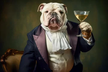 Fotobehang illustration of royal person bulldog sitting with glass of wine at the table. Celebrating concept © zamuruev