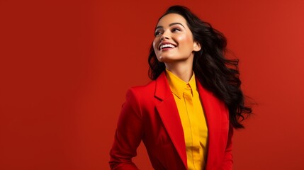 Ultra beauty businesswoman radiating positivity, wearing a striking red ensemble against a sunny yellow backdrop, representing power and passion.
