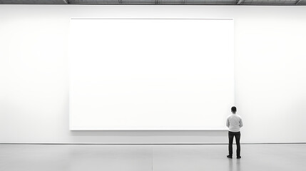 man standing in front of a large screen on a white background