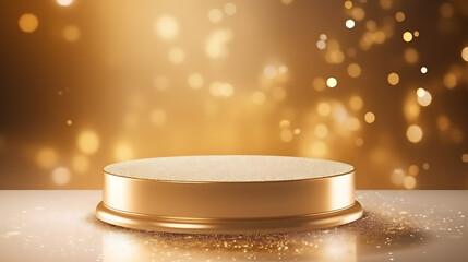 Pedestal podium with shiny particles. Beauty product promotion platform display mockup