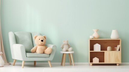 baby room decorated with soft teddy bear generated by AI tool 