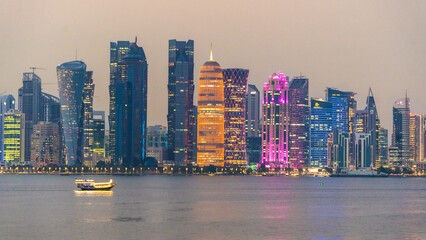 Doha city skyline at night in Qatar