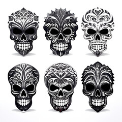 black and white scary skulls on white background 