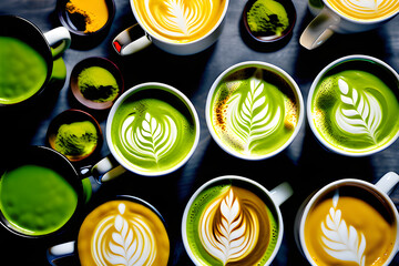 Many matcha and turmeric lattes in mugs with latte art overhead view generative AI
 - obrazy, fototapety, plakaty