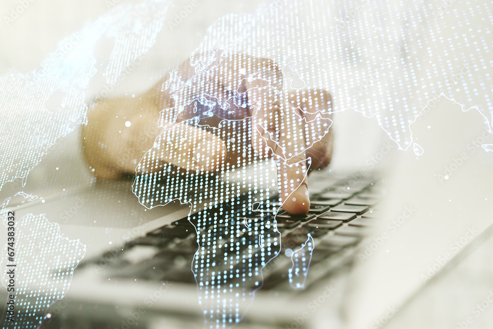 Aufkleber multi exposure of abstract creative digital world map and hand typing on computer keyboard on backgr