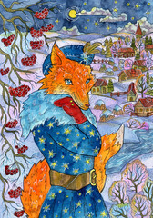Obraz premium Christmas and New Year watercolor illustration with cunning beautiful fox wearing warm coat standing by tree against village landscape. Seasonal greeting card background.