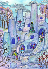 Christmas and New Year watercolor illustration with children building big castle of snow and playing in winter garden. Seasonal greeting card background.