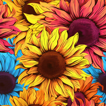Seamless Sunflowers Pattern in Pop Art Style
