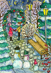 Christmas and New Year watercolor illustration with loving couple, snowman, lanterns and bench in beautiful winter garden . Seasonal greeting card background.