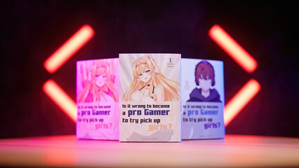 Studio shot with LED tubes and smoke of Japanese manga comic with gamer girls