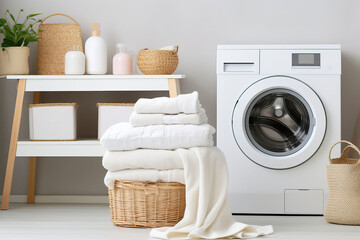 Laundry room interior with washing machine and basket with clean towels and accessories