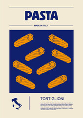 Italian macaroni types, labels for packages set. Tortiglioni pasta. Organic and natural product, gourmet ingredient for cooking dishes. Handmade and tasty. Vector in flat style