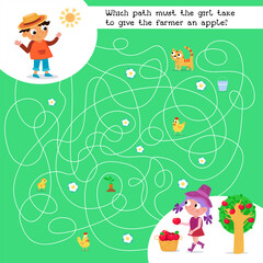 Maze game, activity for kids. Puzzle for children. Which path must the girl take to give the farmer an apple? Draw all paths. Farm and food. Vector illustration.
