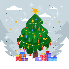 Christmas tree before and after decoration. Decoration balls, bow and light bulb chain decorated christmas tree. Happy New Year. Winter holidays. Flat style