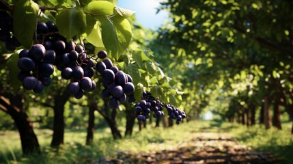 A cluster of Jabuticaba trees in a lush, vibrant orchard, with the dark purple fruits glistening in...