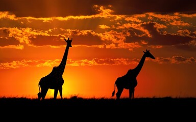 A pair of graceful giraffes silhouetted against the vibrant hues of an African sunset