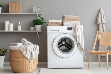 Laundry room interior with washing machine and basket with clean towels and accessories